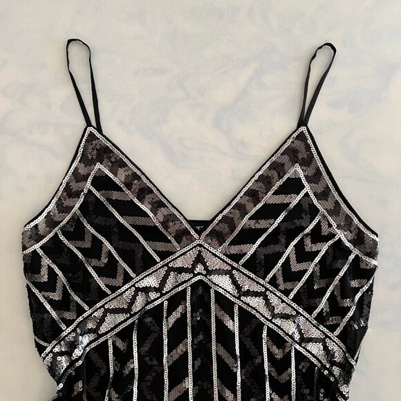NWT Express Spaghetti Black Silver Sequin Lined Y2K Empire Cut Cocktail Blouse - Picture 3 of 8